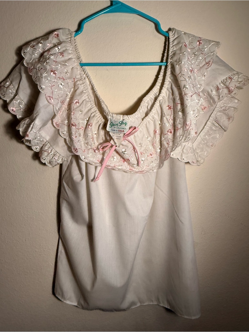 Vintage White Coquette Peasant Blouse with Pink Embroidery Small